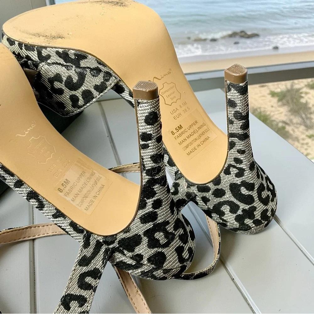 Nina Sparkle Silver Leopard Print Heeled Sandals with Ankle Strap - Picture 6 of 12